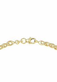 Bracciale in oro con maglie intrecciate, dotato di chiusura a moschettone e una superficie liscia e lucida.