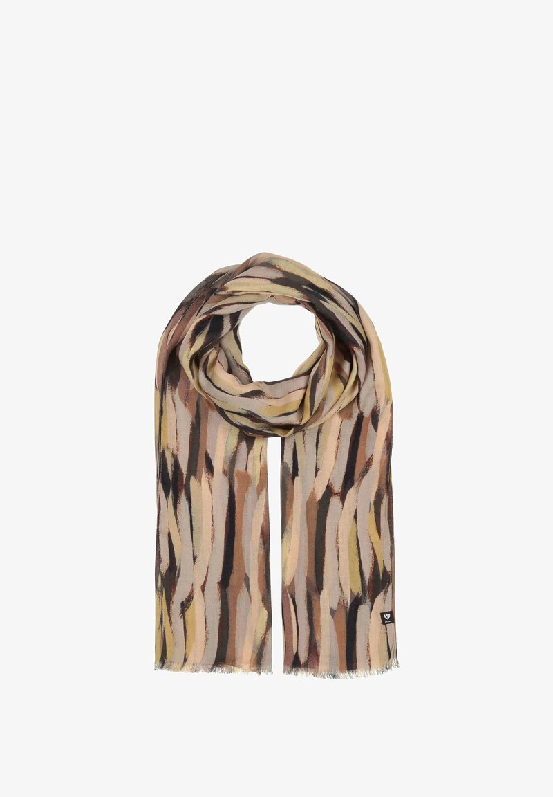 Foulard rettangolare in tessuto morbido e leggero, caratterizzato da un motivo astratto multicolore nei toni del beige, marrone e nero, con estremità frangiate.