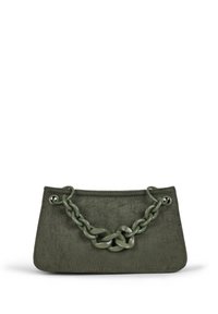 Borsa a mano verde in suede con una forma strutturata e una maniglia in plastica oversize a contrasto. Texture liscia e dettagli di cucitura senza soluzione di continuità.