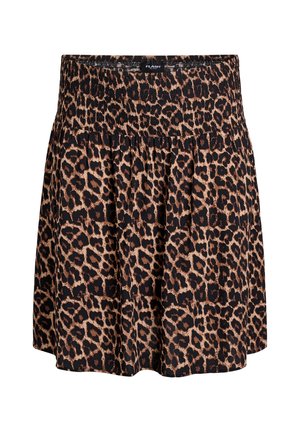 Leopard print skirt, lightweight fabric, smocked waistband, flared shape, black and brown colors, featuring a textured animal pattern.