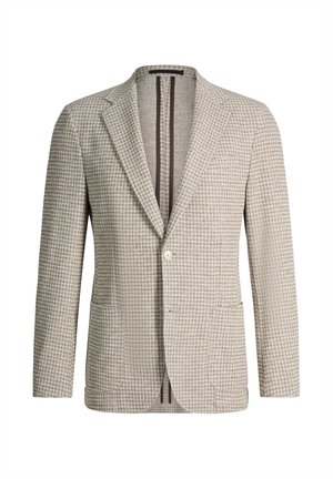 Beiger Herrenblazer mit Hahnentrittmuster, kombiniert mit Reverskragen, zwei aufgesetzten Fronttaschen, Ein-Knopf-Verschluss und dekorativen schwarzen Innenstreifen.