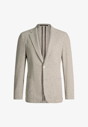 Beige herenblazer met ruitmotief, voorzien van inkeping revers, twee opgestikte voorzakken, een enkele knoopsluiting en decoratieve zwarte binnenstrepen.