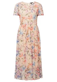 Robe midi fleurie avec manches courtes, taille ajustée et fleurs pastel dans des tons rose, bleu et vert sur fond beige clair.