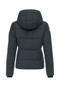 Mørk grå pufferjakke med hette, med quiltet design, ribbede mansjetter og glidelås foran. Glatt teksturert stoff.