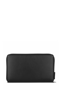 Black leather wallet with a smooth texture, rectangular shape, and zipper closure. Features a stitched edge and no visible hardware details.