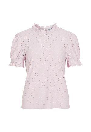 Blusa corta rosa chiaro a maniche corte con dettagli in pizzo, colletto arricciato e maniche puff. Realizzata in tessuto testurizzato con un motivo sottile.