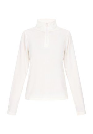 Fehér, hosszú ujjú, félig cipzáros pulóver, puha anyagból készült, álló gallérral és sima textúrával, tökéletes rétegezéshez vagy laza viselethez.