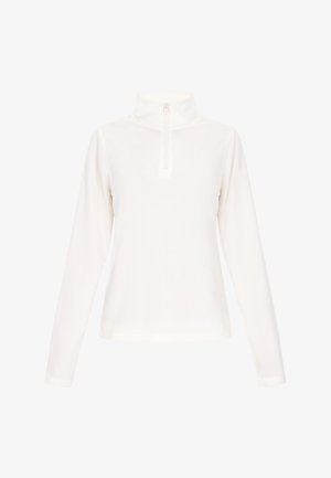 Bílé dlouhé rukávy pulovr s polovičním zipem, vyrobený z měkké tkaniny, s vysokým límcem a hladkou strukturou, ideální pro vrstvení nebo neformální nošení.