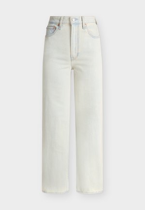 Hoch sitzende Jeans mit geradem Bein in Hellblau, mit vorderem Knopf, Reißverschluss und Fünf-Taschen-Stil.