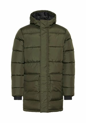 Oliven grøn puffjakke med hætte, featuring en lynlås foran, quiltet design og to frontlommer med elastiske manchetter.