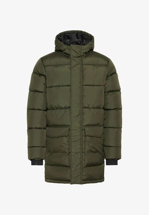 Oliven grøn puffjakke med hætte, featuring en lynlås foran, quiltet design og to frontlommer med elastiske manchetter.