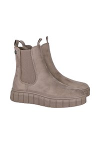Botas de tobillo de ante beige con paneles laterales elásticos, lengüetas de tirón y suelas de goma gruesa, que cuentan con surcos texturizados y acentos discretos.