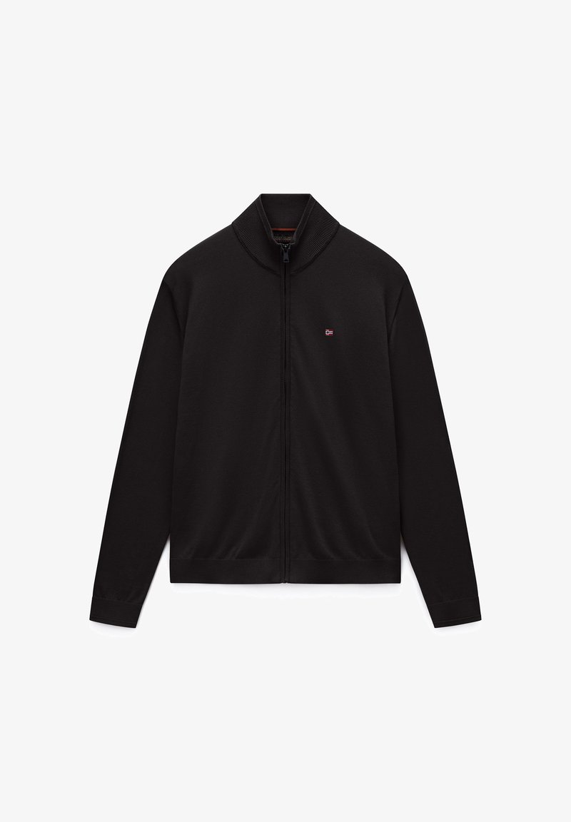 Czarna kurtka na zamek z długim rękawem, z prążkowanym kołnierzem, mankietami i dołem, z małym logo flagi Norwegii na lewej piersi.