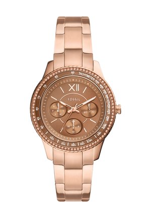 Montre-bracelet en or rose avec un bracelet en métal élégant, un cadran rond, trois sous-cadrans et une lunette ornée de cristaux, présentant un cadran marron texturé.