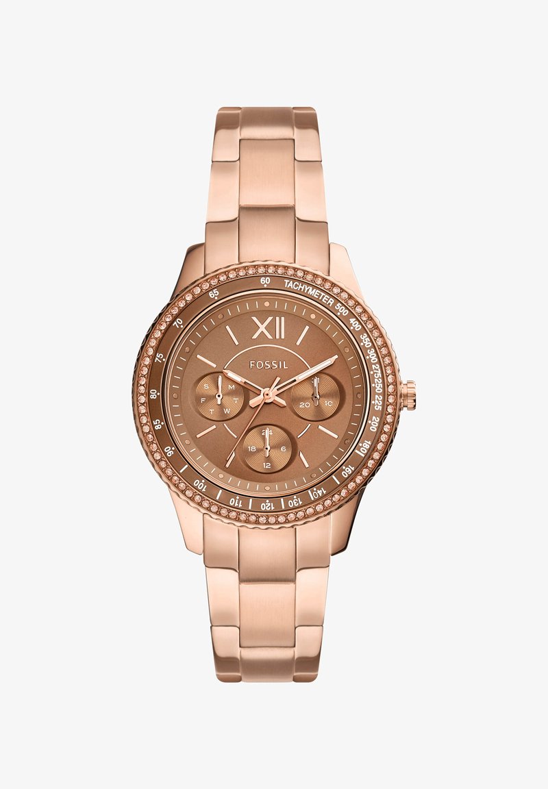 Montre-bracelet en or rose avec un bracelet en métal élégant, un cadran rond, trois sous-cadrans et une lunette ornée de cristaux, présentant un cadran marron texturé.