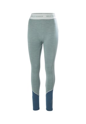 Leggings de color azul claro con superficie texturizada, que presentan una cinturilla blanca y acentos en la parte inferior de la pierna en azul oscuro, incluyendo una franja blanca diagonal.