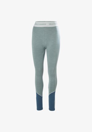Leggings de color azul claro con superficie texturizada, que presentan una cinturilla blanca y acentos en la parte inferior de la pierna en azul oscuro, incluyendo una franja blanca diagonal.