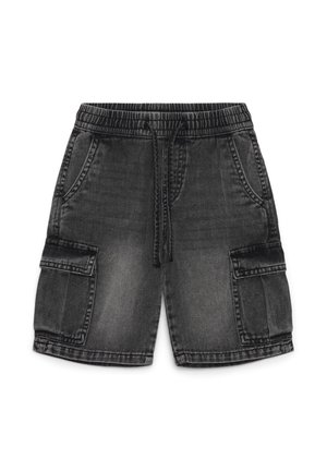 Czarne szorty dżinsowe z elastycznym pasem, sznurkiem ściągającym, dwoma przednimi kieszeniami i dwoma kieszeniami typu cargo. Miękka tekstura z wyblakłymi miejscami.