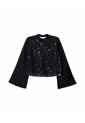 Blouse noire à manches longues avec larges manches cloche, broderie florale en sequins, et col rond sur fond blanc.
