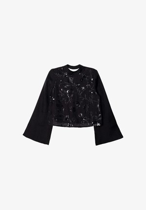 Blusa nera a maniche lunghe con ampie maniche a campana, ricamo floreale con paillettes e scollo rotondo su sfondo bianco.