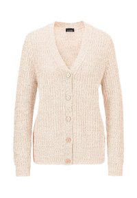 Lichtbeige gebreide cardigan met V-hals, lange mouwen en sluiting met vijf knopen; textuurstof met een subtiel patroon.