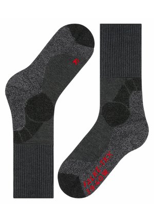 Dunkelgraue Socken aus strukturiertem Material, mit geribbelten Bündchen, verstärkten Zehen- und Fersenbereichen sowie roten Logo-Details an der Seite.