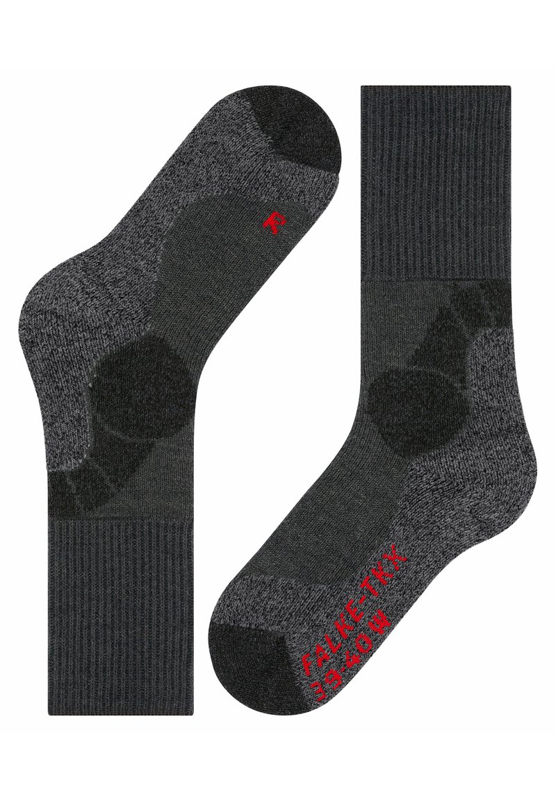 Chaussettes grises foncées en tissu texturé, avec des bords côtelés, des zones de orteil et de talon renforcées, et des détails de logo rouge sur le côté.