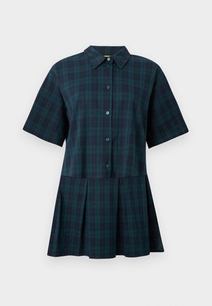 Short-sleeve button-up dress with dark green and navy plaid pattern and pleated skirt on a white background.