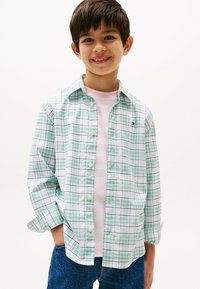 Camicia abbottonata bianca con motivo a quadretti verde e blu. Indossata sopra una t-shirt a righe rosa. Presenta maniche lunghe e una vestibilità rilassata.