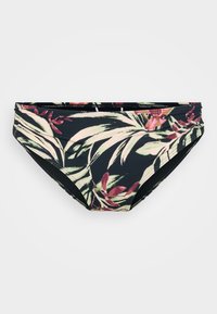 Svart bikinitruse med tropisk blad- og blomstermønster i grønn og rosa. Laget av elastisk materiale med en glatt tekstur.