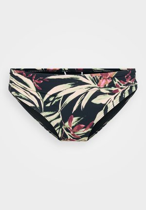 Parte de baixo de biquíni preta com um padrão tropical de folhas e flores em verde e rosa. Feita de material elástico com uma textura suave.