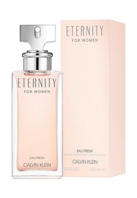 Tydlig glasparfymflaska med en silverfärgad spraytopp. Ljusrosa vätska inuti, märkt "ETERNITY FOR WOMEN." Ackompanjerad av en matchande ljusrosa box.