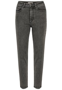 Jeans gris de cintura alta con un corte delgado, que presentan un clásico diseño de cinco bolsillos, costuras sutiles y una textura desgastada.