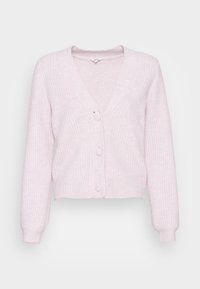 Vaaleanpunainen ribbineulottu neuletakki, jossa on V-kaula-aukko, kolme nappia ja pitkät hihat. Pehmeä pinta ja lyhyt malli. Yksinkertainen ja toimiva yksityiskohta.