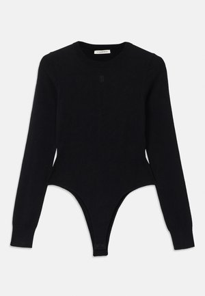 Black long-sleeve bodysuit with a round neckline, fitted design, and thong-style bottom. Made from soft, elastic fabric for comfort.