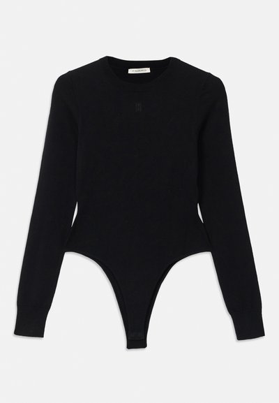 Black long-sleeve bodysuit with a round neckline, fitted design, and thong-style bottom. Made from soft, elastic fabric for comfort.