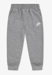Pantaloni de trening gri din fleece, cu talie elastică, manșete conice, buzunare laterale și logo Alb Nike pe coapsa stângă.