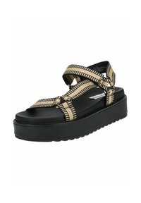 Sandali platform neri con cinturini incrociati beige che presentano un motivo a scacchi. Suola piatta con grip testurizzato per la trazione.