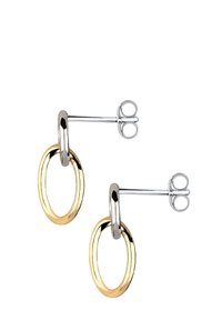 Guld- og sølvøreringe med en dobbelt-loop design, poleret finish og stiftlås.