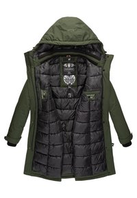 Olive green parka with a quilted black interior, hood, and multiple inner pockets. Features a zip and button closure for warmth.