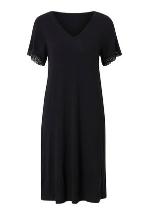 Black V-neck dress with short sleeves. Lace trim accents on sleeve edges. Soft fabric, flowing design, knee-length cut, minimalistic style.