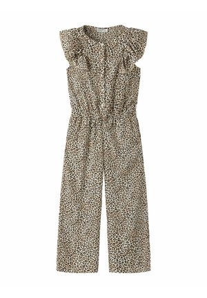 Ujjatlan leopárdmintás overál elasztikus derékrésszel, gombos elejjel, fodros vállakkal és bőszárú nadrággal.