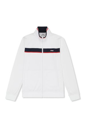 Giacca sportiva bianca con zip, con strisce orizzontali blu navy e rosse sul petto e logo FILA sul lato sinistro.