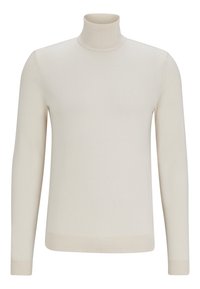Beige Rollkragenpullover aus leichtem Strickstoff, mit langen Ärmeln, geripptem Kragen und Bündchen sowie einer glatten Textur.
