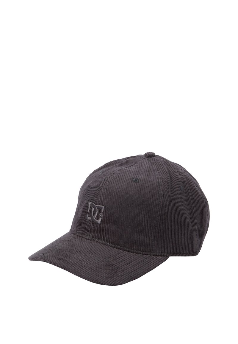 Gorra de béisbol de pana en gris oscuro, con visera curva y logotipo bordado en la parte frontal. Tejido texturizado con sutiles canaladuras.