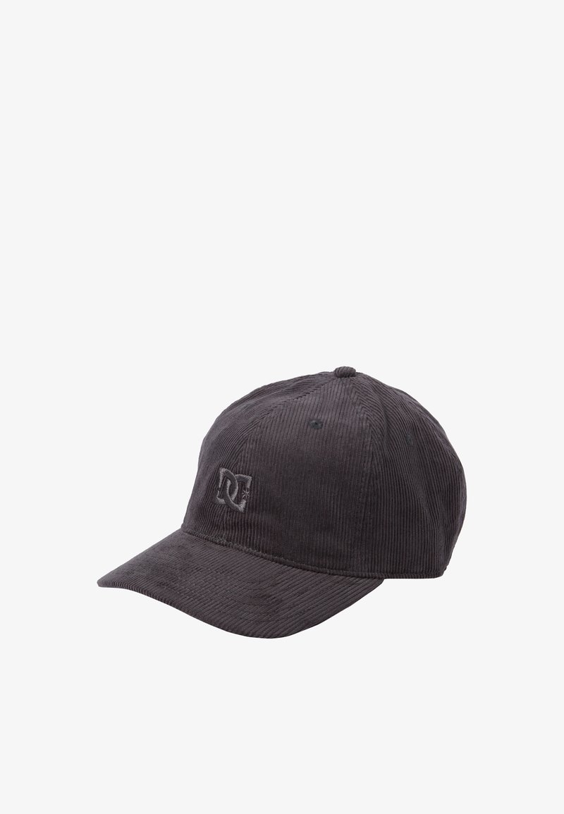 Gorra de béisbol de pana en gris oscuro, con visera curva y logotipo bordado en la parte frontal. Tejido texturizado con sutiles canaladuras.