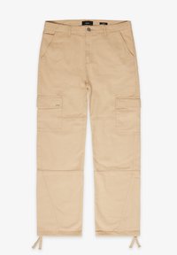 Beige cargobyxor gjorda av slitstark tyg, med flera sidofickor, rak passform och justerbara dragsnören vid bensluten.