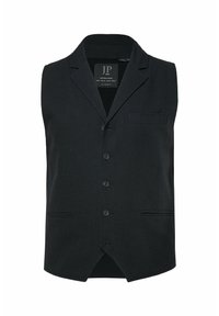 Schwarze Weste mit Reverskragen, fünf Knöpfen und einer Brusttasche. Hergestellt aus strukturiertem Stoff mit geradem Rückensaum und Seiteneinsatz.