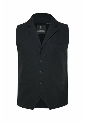 Chaleco negro con solapa con muesca, cinco botones y un bolsillo en el pecho. Hecho de un tejido texturizado con dobladillo trasero recto y paneles laterales.