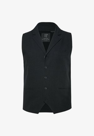 Zwarte vest met een notch revers, vijf knopen en één borstzak. Gemaakt van textuurstof met een rechte achterkant en zijpanelen.